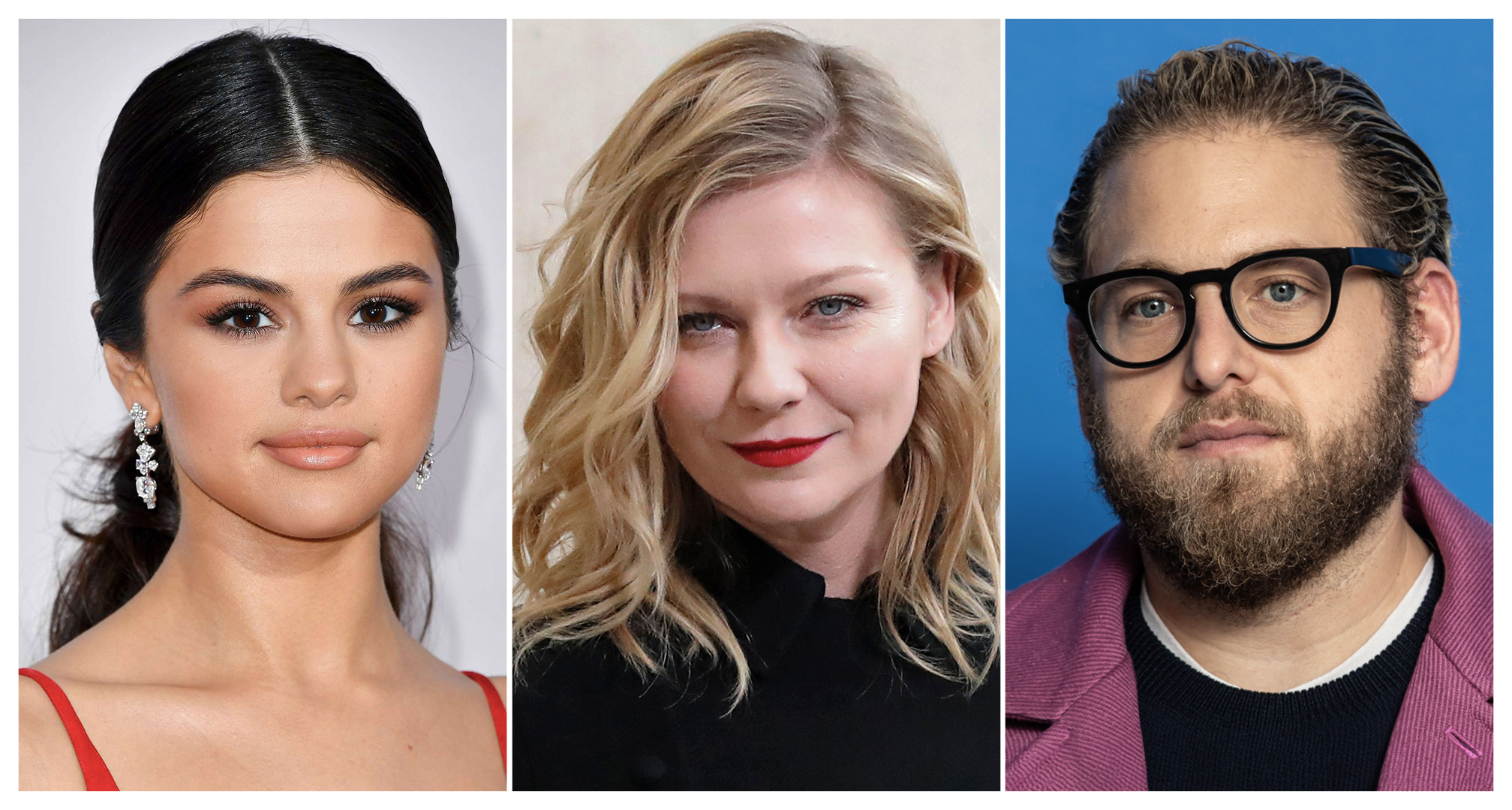 collage van selena gomez, kirsten dunst en jonah hill