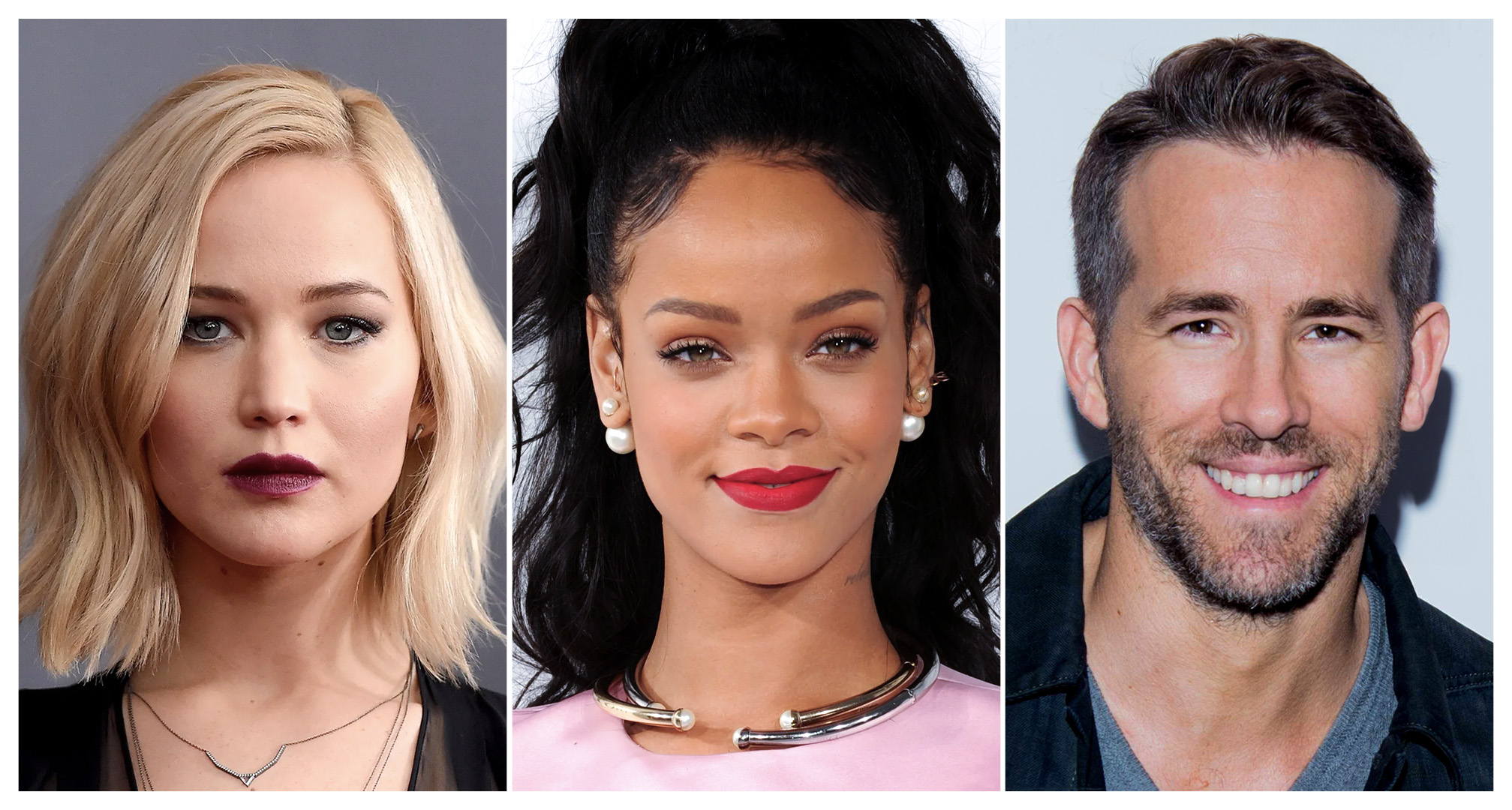 collage van jennifer lawrence, rihanna en ryan reynolds