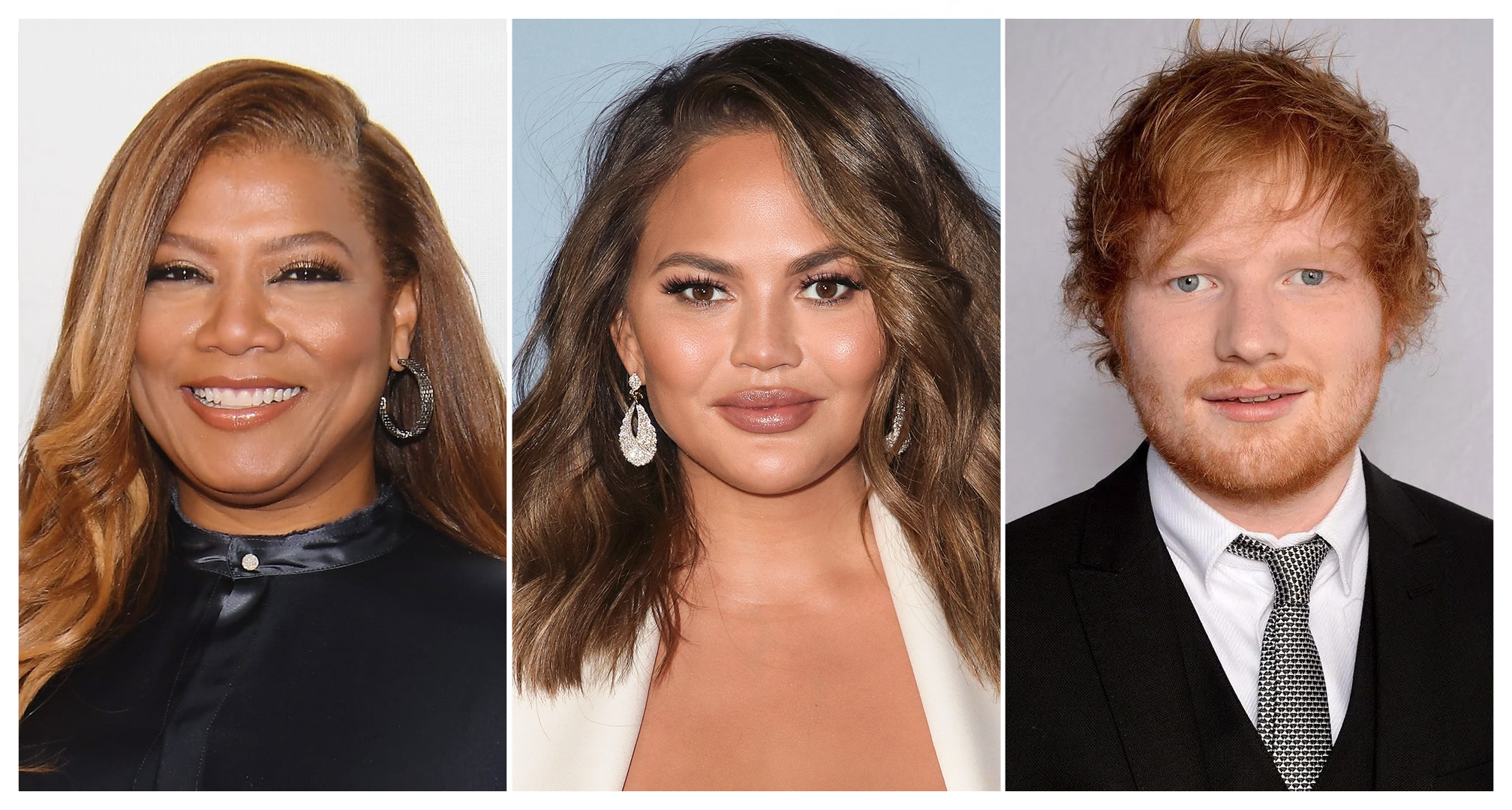 collage van queen latifah, chrissy teigen en ed sheeran