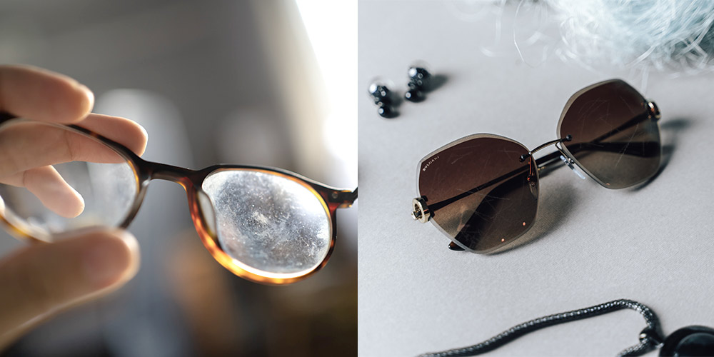 twee afbeeldingen van brillen en zonnebrillen met bekraste glazen